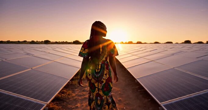African woman walking on solar panels.