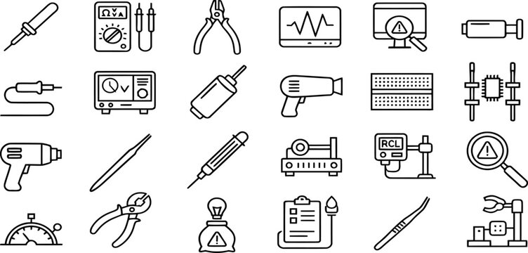 Soldering iron circuit repair line icon collection for electronics maintenance
