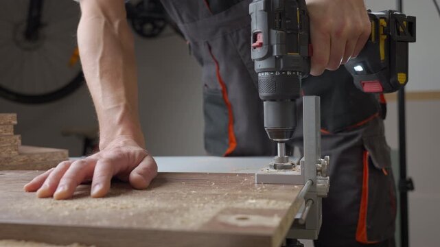 Close-up of carpenter drilling hole in wooden board using drill and metal jig tool. Man working in home workshop. Concept of woodworking and furniture assembly
