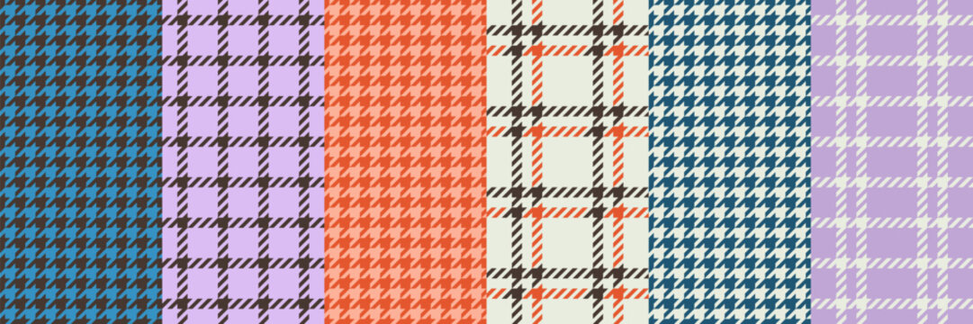 Set of abstract modern seamless colorful fashion classic traditional checkered and houndstooth patterns; blue, orange, purple and black colors, simple vector illustration in flat style
