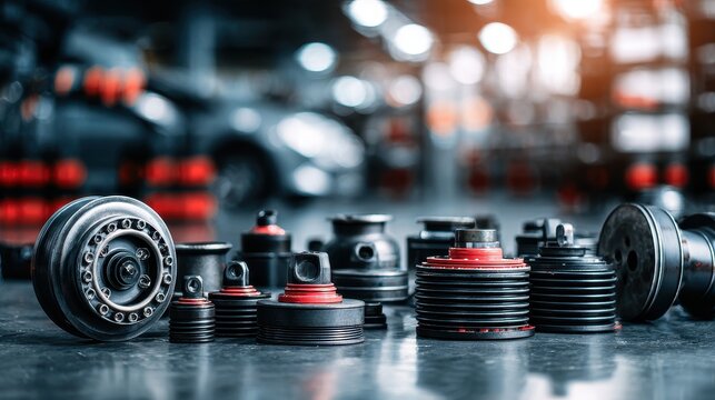 Collection of various high-quality automotive engine and suspension spare parts in a professional car repair workshop