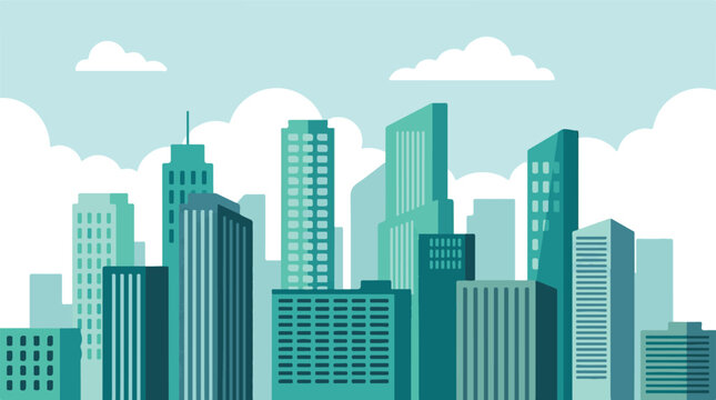 Modern flat design cityscape illustration with buildings and clouds