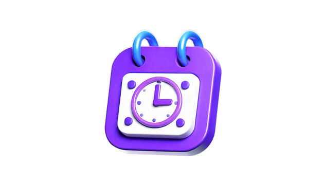  Purple calendar clock 3d icons in cartoon plastic style on a transparent background 