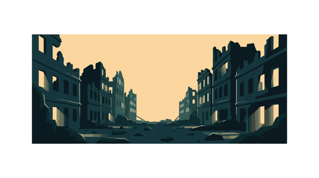 War-torn urban landscape with destroyed buildings and debris