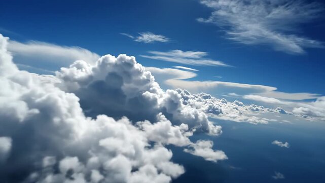 Aerial view of fluffy white clouds against a bright blue sky, flying above the ocean
