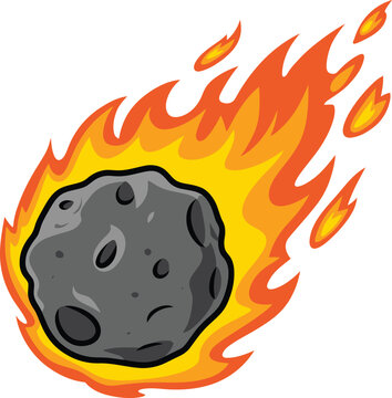 Cartoon illustration of a flaming asteroid or meteor burning through space with a fiery tail