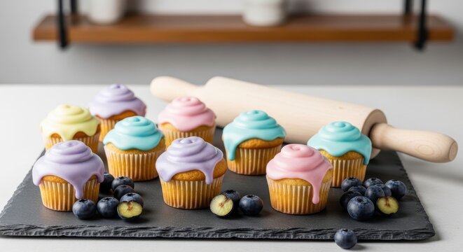 Colorful frosted cupcakes with blueberries and a rolling pin