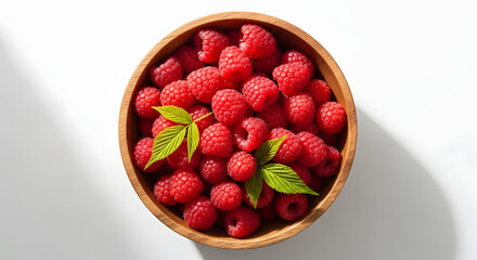 Vibrant Red Raspberries with Green Leaves in Bowl