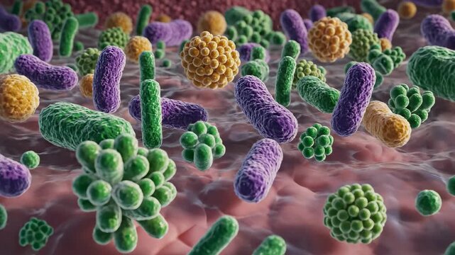 Intestinal Microbiome Microscopic View Pink Intestines Diverse Bacteria Microorganisms In Digestive System Detailed Realistic 3D Render