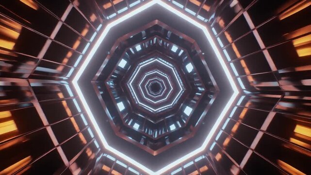 An infinite mirrored corridor folds into itself, creating surreal architecture. Camera travels forward, emphasizing dizzying reflections, depth, and otherworldly, immersive perspective.
