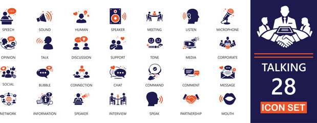 modern solid icon set for voice talk, speech, bubble, customer, support, communication, assistant, and language translation. © suraiya