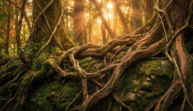 Intertwined tree roots and vines covered in green moss in a glowing magical forest at sunset, conceptual background representing unity, connection, and strong networks.
