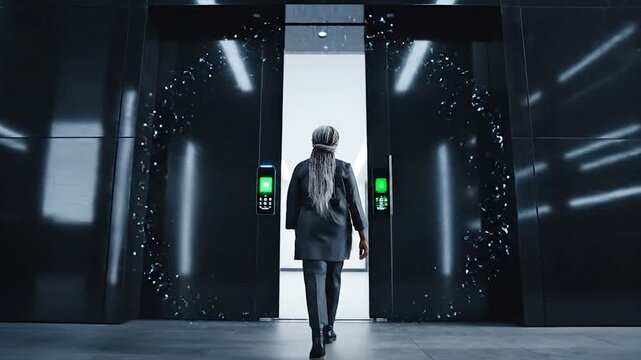Person wearing VR headset approaches futuristic digital brain interface.