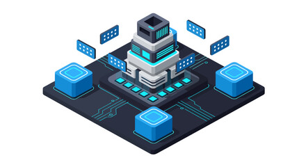 Fototapeta premium An isometric 3D illustration of a futuristic data processing core, featuring a central tiered server surrounded by glowing blue network nodes and floating digital arrays on a cybernetic circuit board