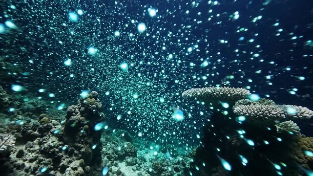 Underwater coral reef teeming with bioluminescent plankton and marine life.