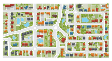 Detailed aerial view of a vibrant and organized residential community with roads and buildings. © Keyu