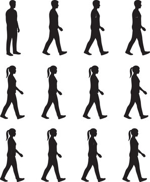 Pair of walking sequence silhouettes side by side, isolated vector