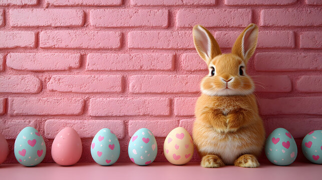 Cute bunny sits next to colorful Easter eggs against a pink brick wall in springtime setting during daylight hours