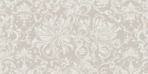 Vintage seamless damask wallpaper featuring an ornate floral ornament with retro swirls and lace textures for elegant textile design and vector backdrop illustration