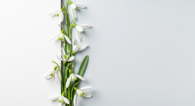 A bunch of white snowdrop flowers on a white background.