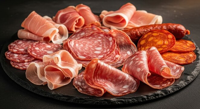 An artful assortment of thinly sliced cured meats including salami and prosciutto arranged on a dark platter