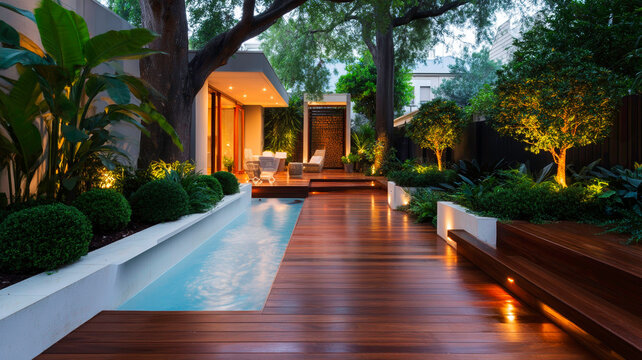 Modern Architectural Exterior with Dark Timber Decking and Integrated Lighting on Specimen Plants