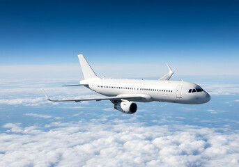 Fototapeta premium A white airplane flying above the clouds in a clear blue sky viewed from the side