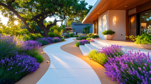 Modern Architectural Landscape with Decomposed Granite Winding Path and Solar Outdoor Lights