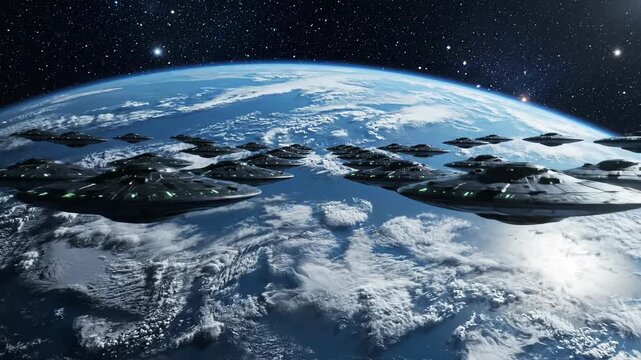 Alien Invasion Fleet Descends on Earth Orbiting Planet Spacecraft UFO Sci Fi