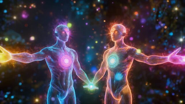 Human chakra points emitting dynamic glowing energy bursts, vibrant colors blending into a radiant aura, visualizing spiritual balance, inner energy flow, and holistic wellness.
