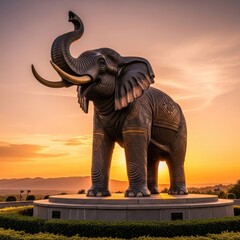 Fototapeta premium Majestic Elephant Statue at Sunset - A Symbol of Strength and Wisdom.