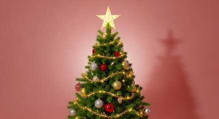 Obraz premium Illuminated Christmas Tree with Glowing Star and Ornaments on Soft Pink Background.