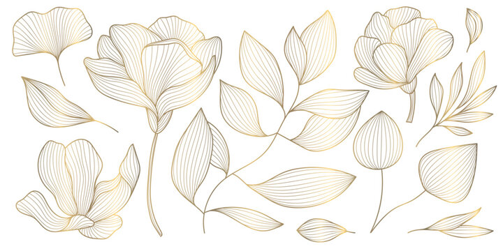 Luxury floral pattern, gold line chinese roses, peonies, elegant leaves isolated. Ornate vector illustration vintage engraving, modern minimalism, wedding design, romantic print, wallpaper, border.
