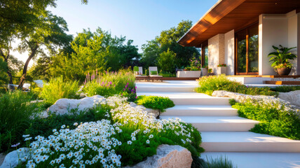 Obraz premium Modern Outdoor Landscape with Gabion Walls Hidden LED Strips and Wildflower Meadow