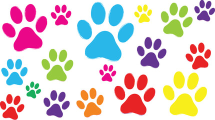 Fototapeta premium Colorful Paw Print Vector Collection Featuring Playful Animal Footprints in Pink, Blue, Green, Red, Orange, Yellow, and Purple for Pet and Children’s