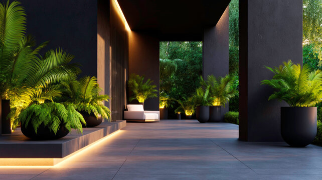 Modern Outdoor Living Space with Dark Grey Flagstone and Dramatic Wall Uplighting