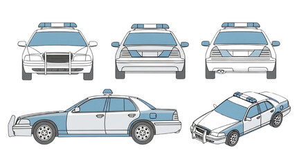 Police vehicle autocad blueprint multiple views illustration of patrol car designs © Stock Image Paradise