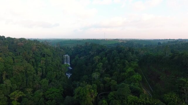 Aerial View of Waterfall in Tropical Forest Near Bao Loc Tea Plantation Vietnam