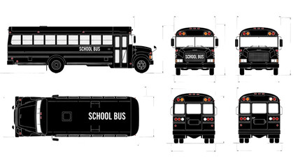 Detailed vehicle autocad blueprint of a school bus from multiple viewpoints and angles © Stock Image Paradise
