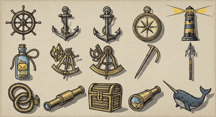 Vintage nautical illustrations showcasing various maritime navigation tools and symbols. © Ahmad