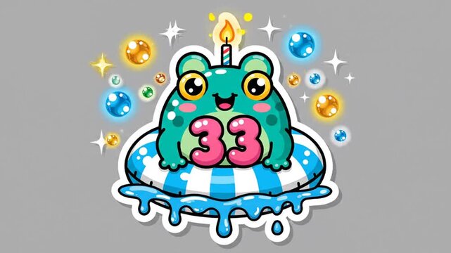 A cartoon frog in a pool float with melting ice cream and candles, surrounded by stars and confetti, celebrating a joyful scene from a playful viewpoint.