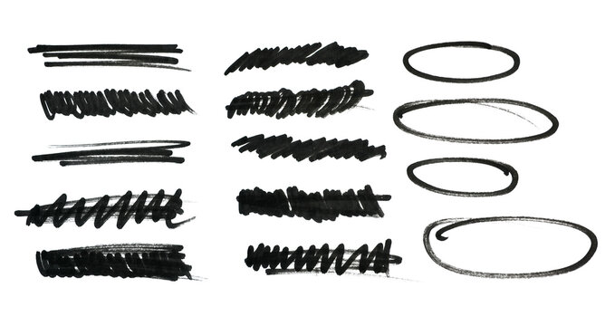 Marker pen underline and strikethrough strokes. Hand drawn collection of different scribble lines and brush strokes. Crosses, oval and strikethroughs.