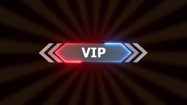 Futuristic VIP Text Animation: Neon HUD Gaming Title with Red and Blue Glow on Sunburst Motion Graphics Background
