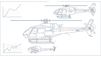 Detailed vehicle autocad blueprint of a helicopter viewed from multiple angles and perspectives in a technical illustration © Stock Image Paradise