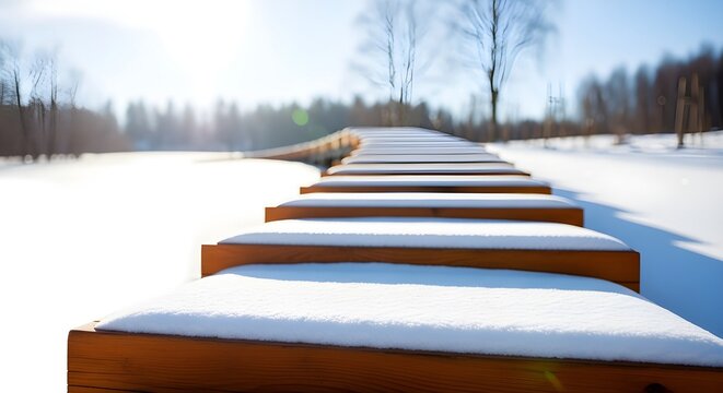 A snow covered wooden walkway in a winter landscape