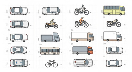 Various vehicles and transportation modes illustrated in a detailed and comprehensive manner.