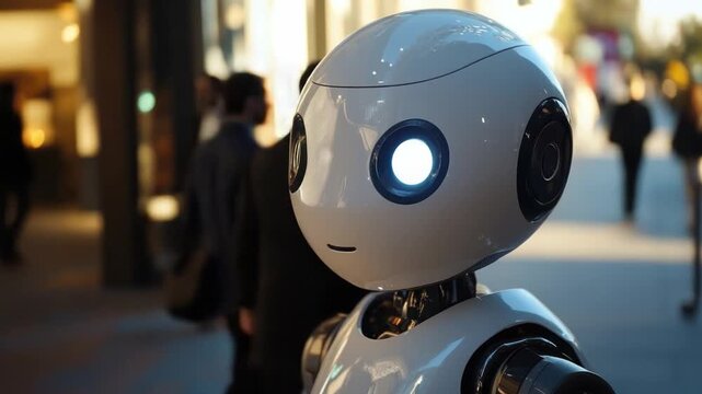 Future Companion friendly robot gazes out into a bustling urban landscape, capturing the essence of technological evolution and companionship