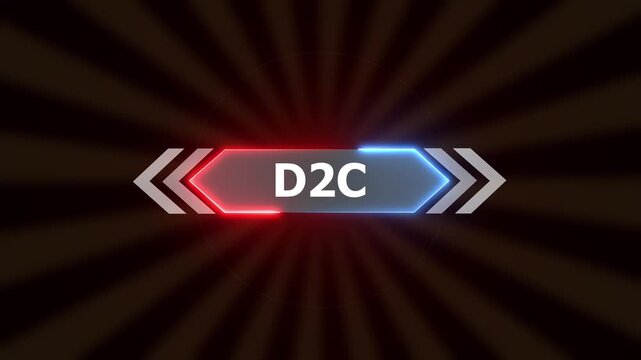 Futuristic D2C Text Animation: Neon HUD Gaming Title with Red and Blue Glow on Sunburst Motion Graphics Background