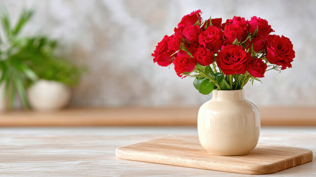 Red rose bouquet in ceramic vase on wooden board for valentine's day greeting card mockup, romantic floral arrangement banner and seasonal gift shop marketing background