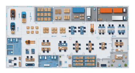 Warehouse layout with trucks, storage, and office spaces, top view. © Ahmad